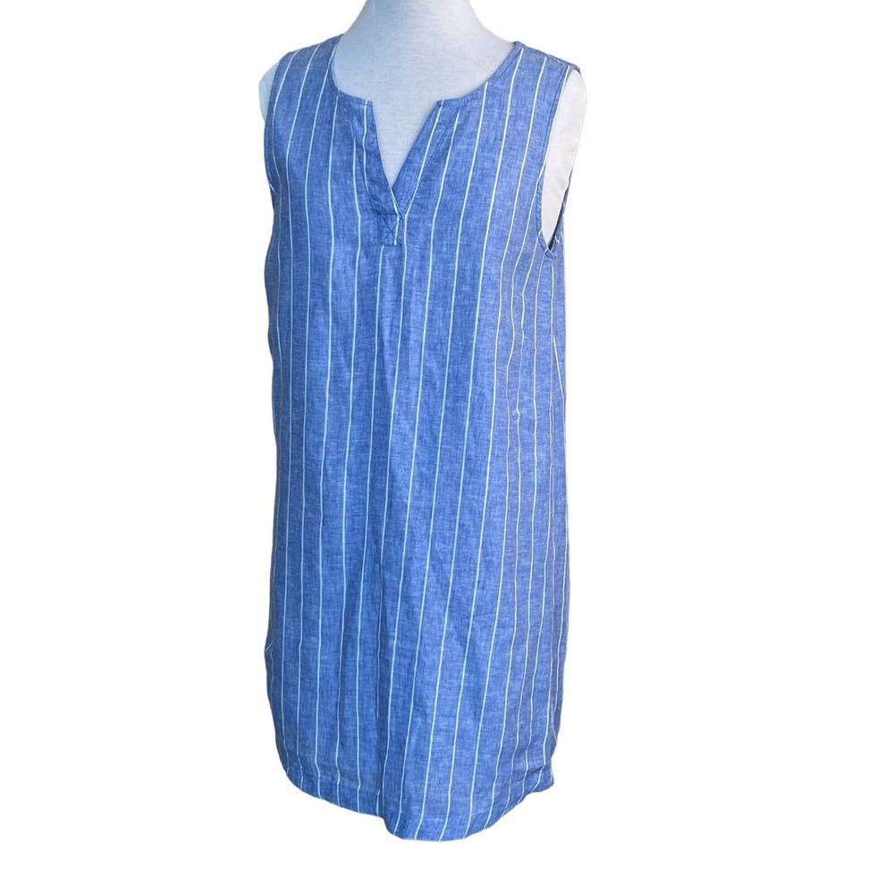 Beach Lunch Lounge Blue Striped Linen Cotton Sleeveless Tunic Dress Women's M